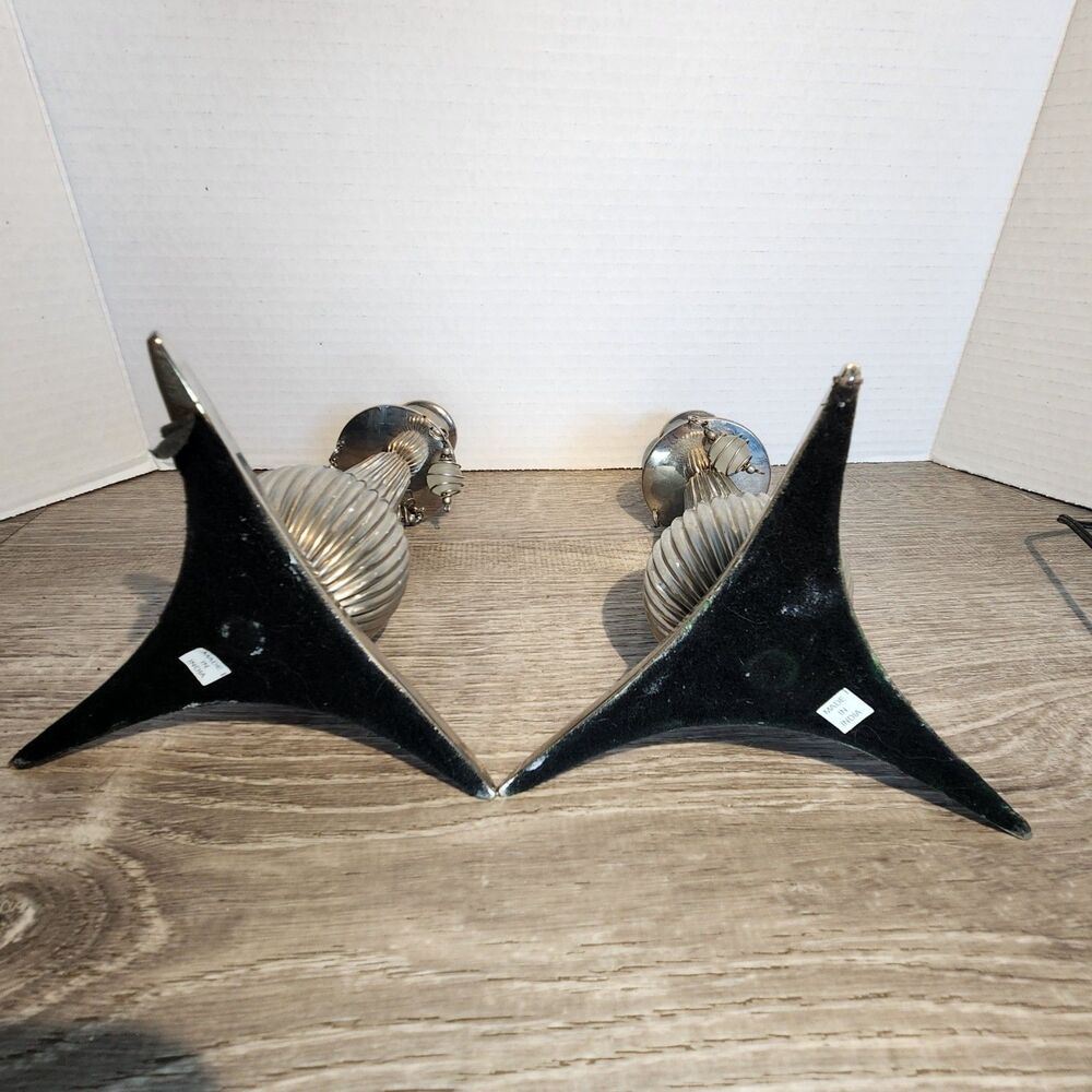 Pair Silvertone Candlestick Holders Art Deco/MCM style Atomic shape - Picture 7 of 11